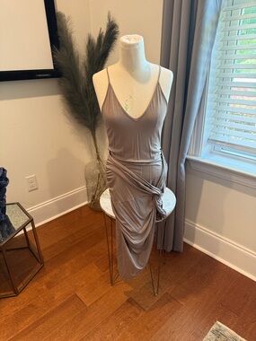 Slim Slip Midi Dress with Side Knot in Taupe